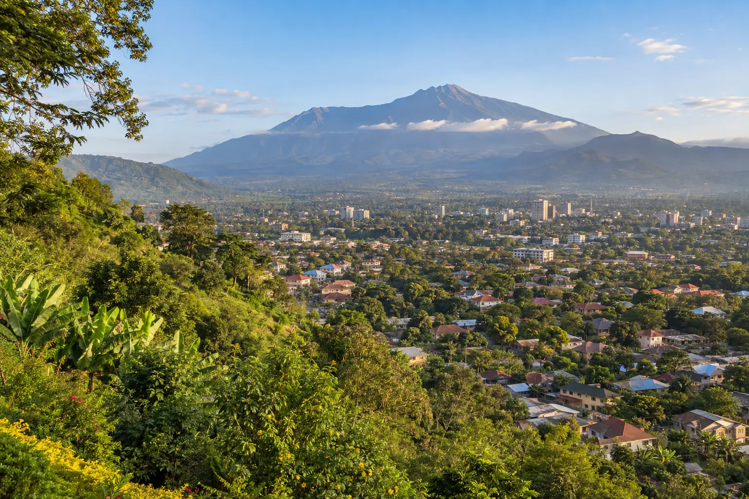 Arusha city and green foothills beneath Mount Meru in northern Tanzania